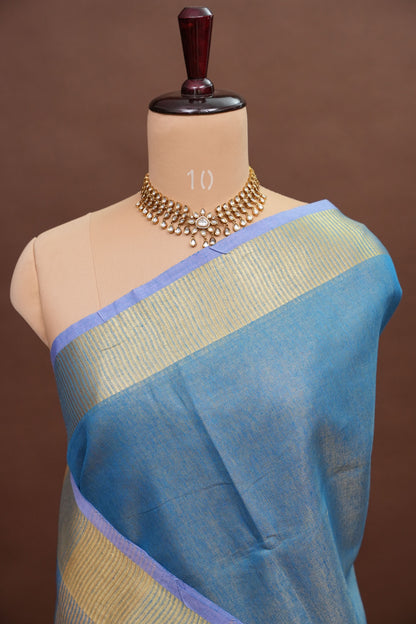 Tissue Linen Silk Saree – Powder Blue with Subtle Gold Zari Border