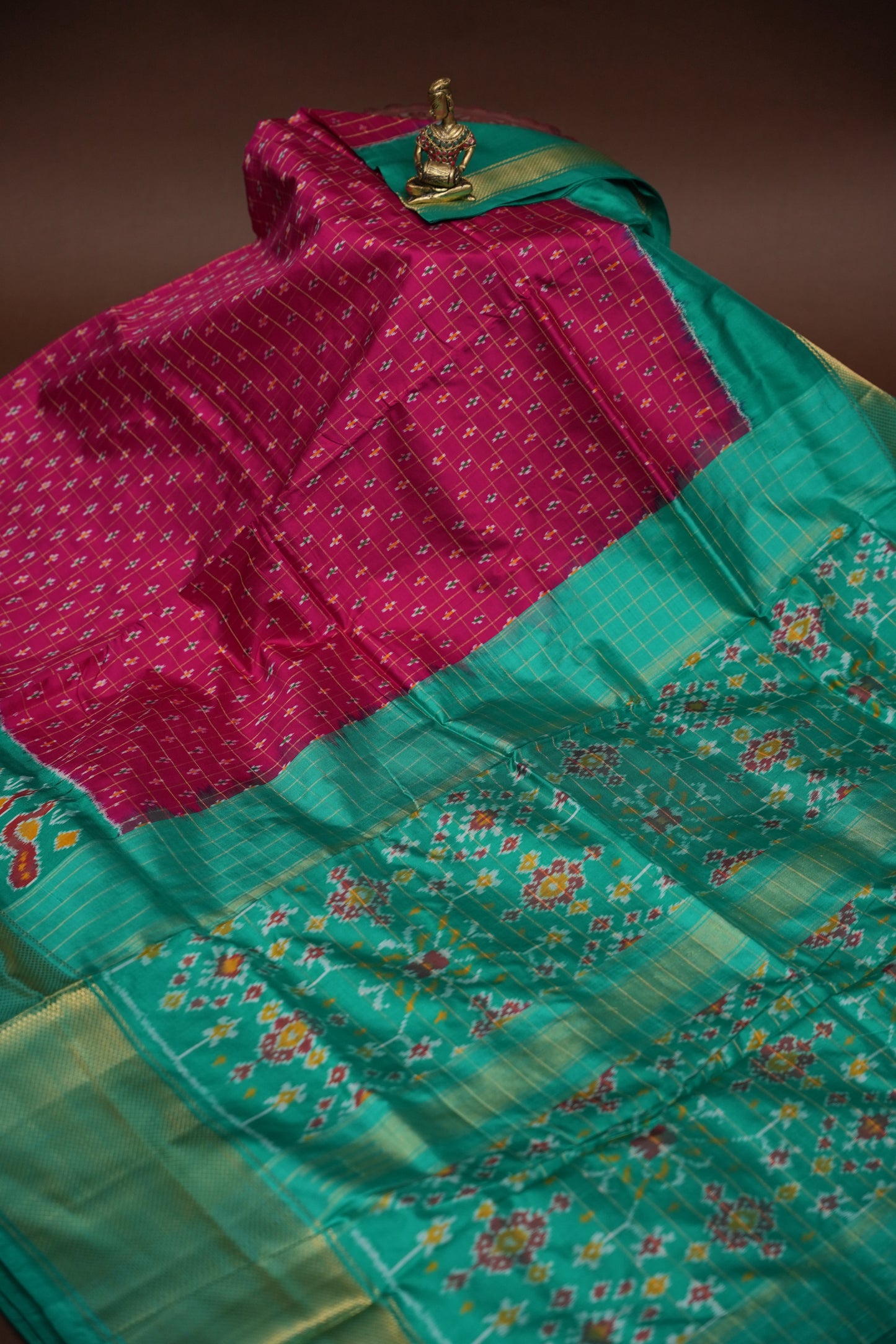 Pure Ikkat Soft Silk Saree - Pink & Turquoise Green