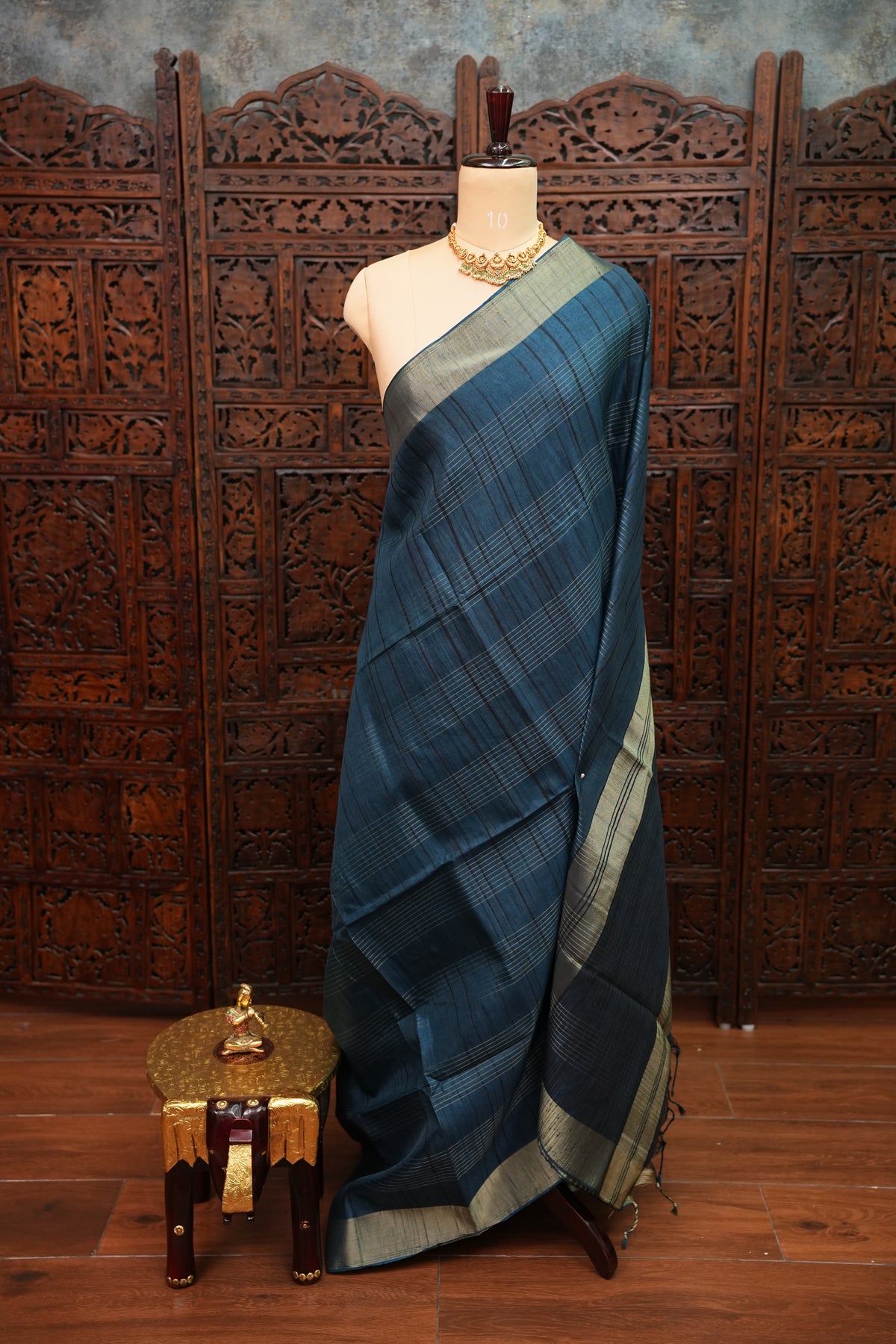 Semi Tussar Linen Silk Saree – Dark Peacock Blue