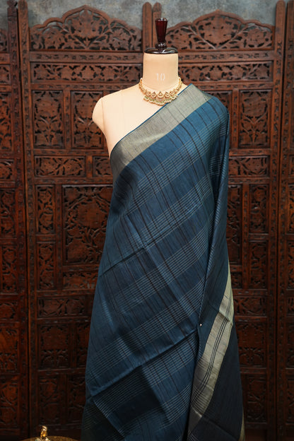 Semi Tussar Linen Silk Saree – Dark Peacock Blue