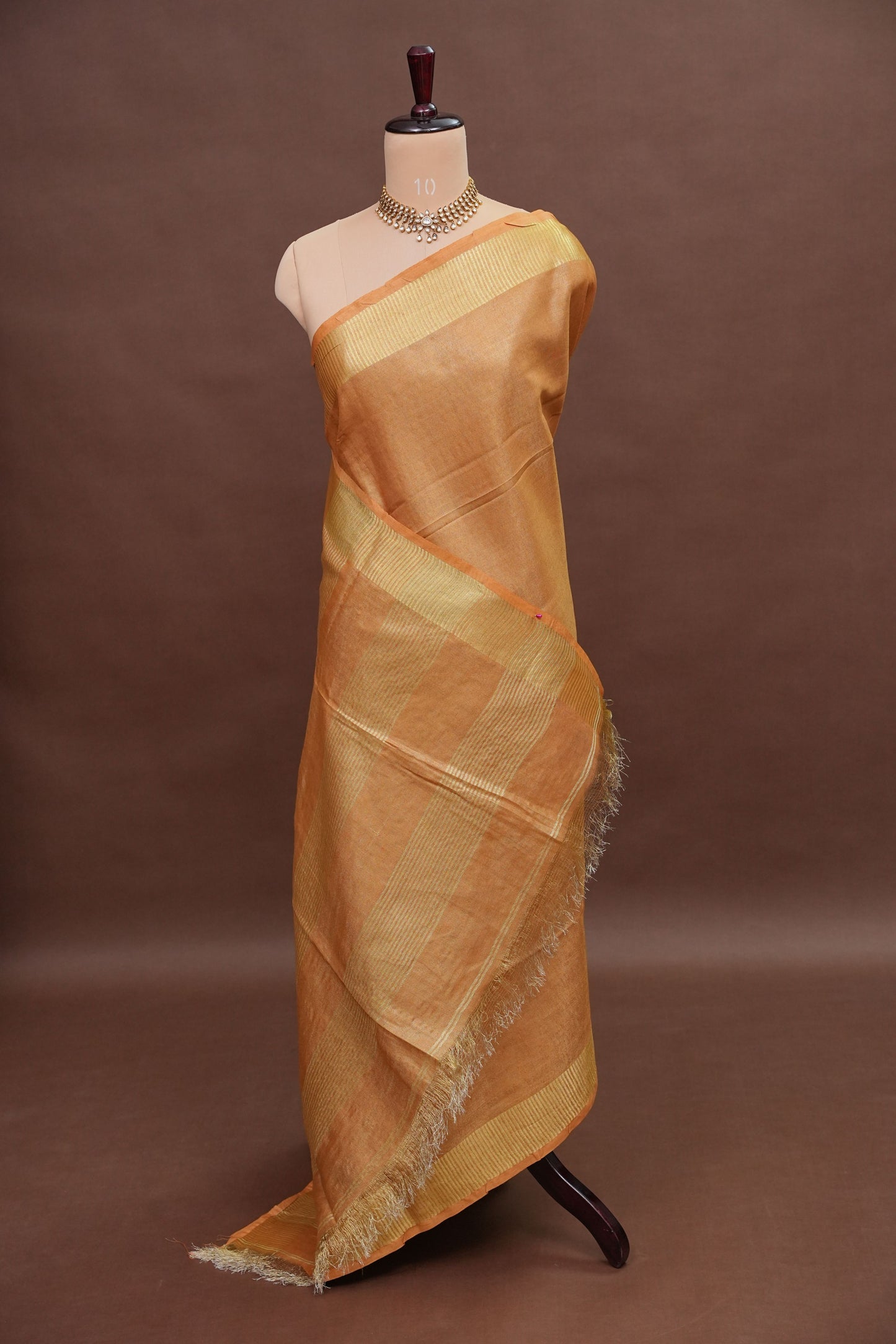 Tissue Linen Silk Saree – Honey Gold with Classic Zari Border