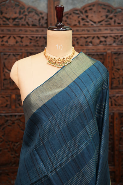 Semi Tussar Linen Silk Saree – Dark Peacock Blue