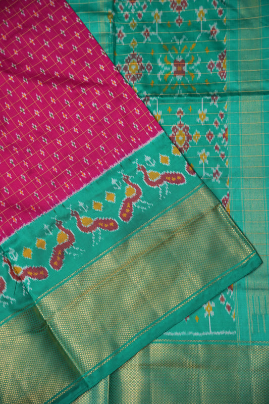 Pure Ikkat Soft Silk Saree - Pink & Turquoise Green