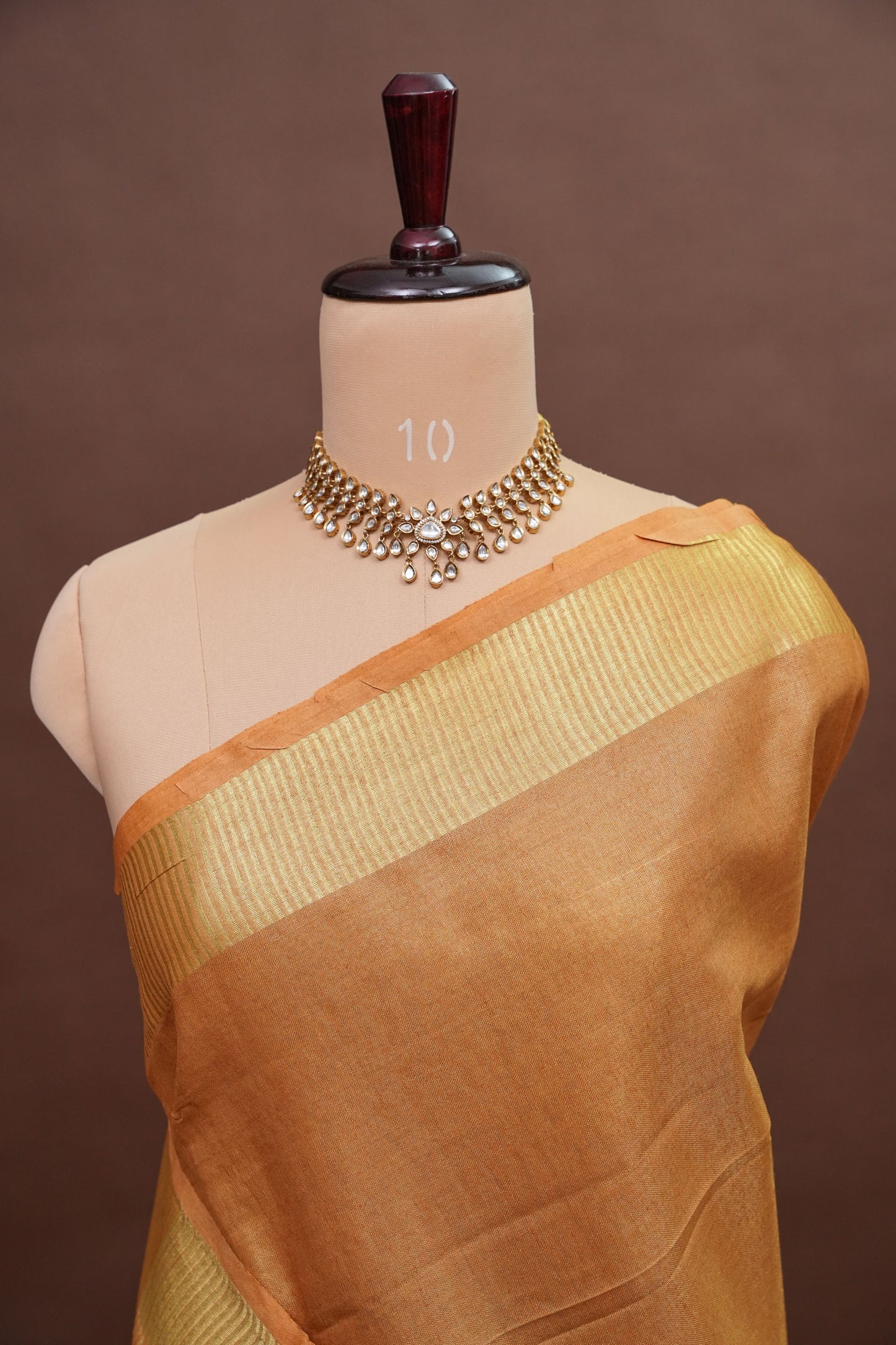 Tissue Linen Silk Saree – Honey Gold with Classic Zari Border