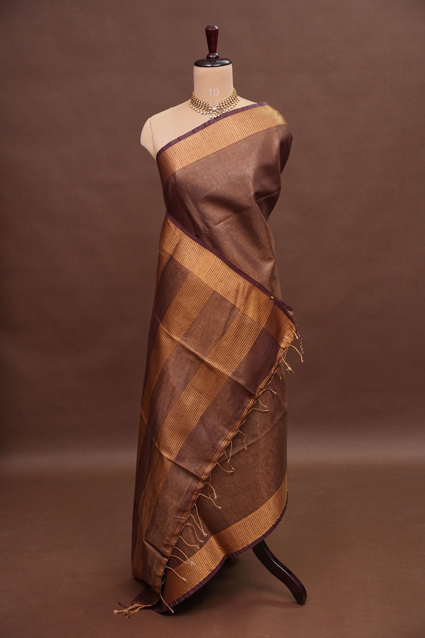 Tissue Linen Silk Saree – Deep Coffee Brown/Wine with Antique Gold Zari Border