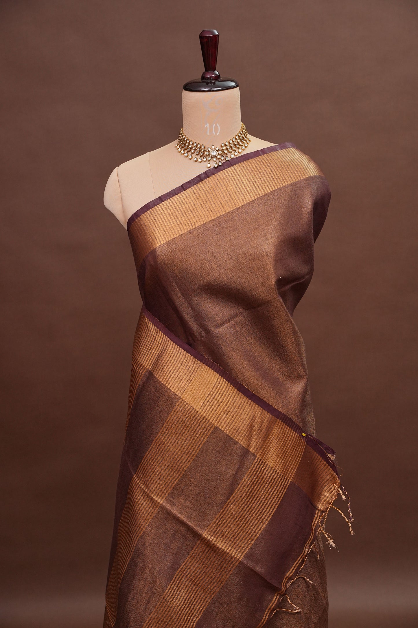 Tissue Linen Silk Saree – Deep Coffee Brown/Wine with Antique Gold Zari Border