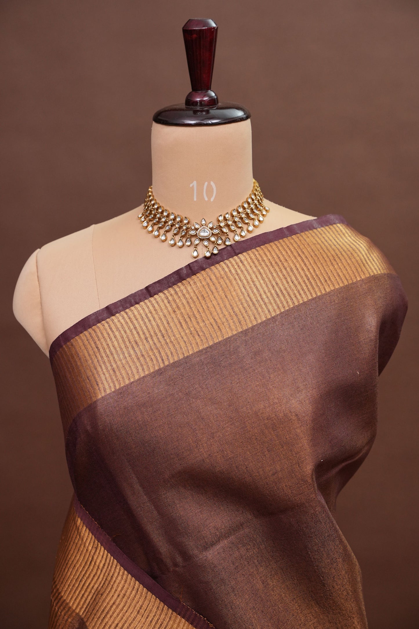 Tissue Linen Silk Saree – Deep Coffee Brown/Wine with Antique Gold Zari Border