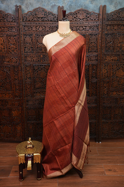 Semi Tussar Linen Silk Saree – Rust Orange
