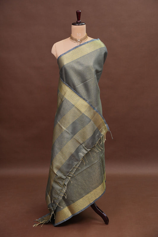 Tissue Linen Silk Saree – Steel Grey with Classic Gold Zari Border
