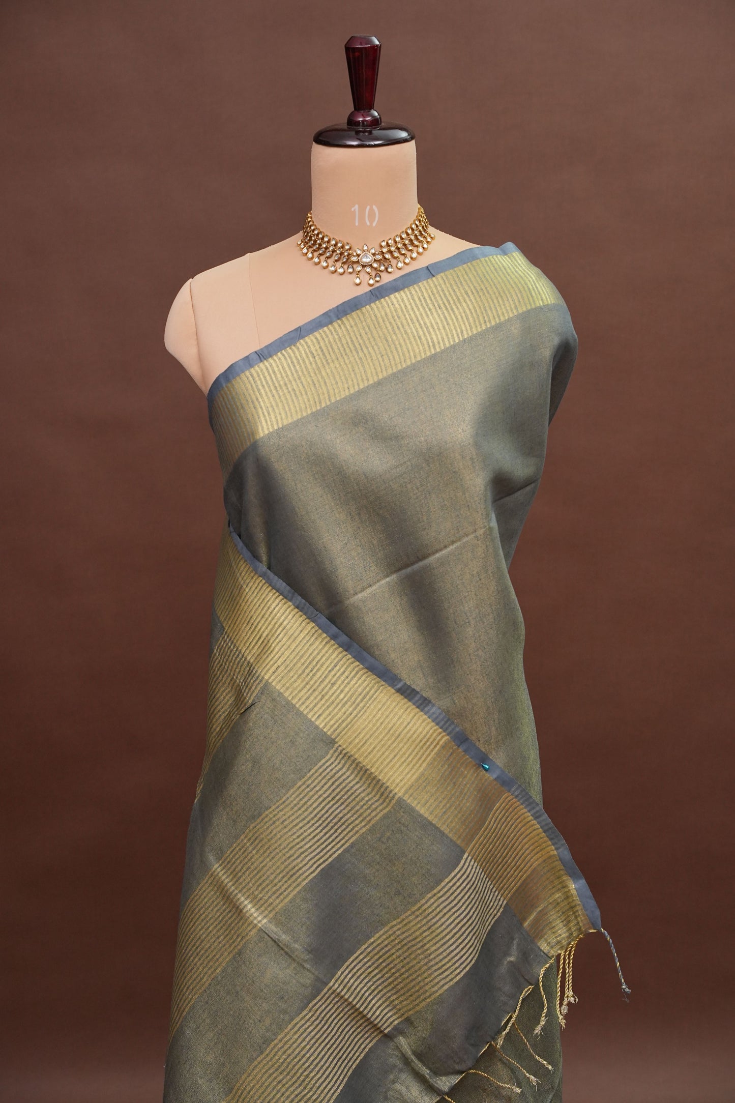 Tissue Linen Silk Saree – Steel Grey with Classic Gold Zari Border