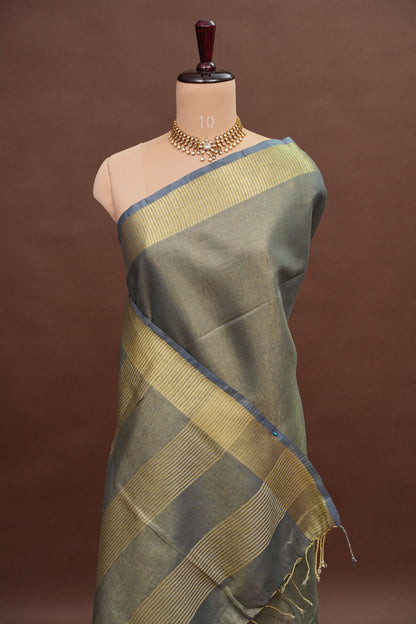 Tissue Linen Silk Saree – Steel Grey with Classic Gold Zari Border