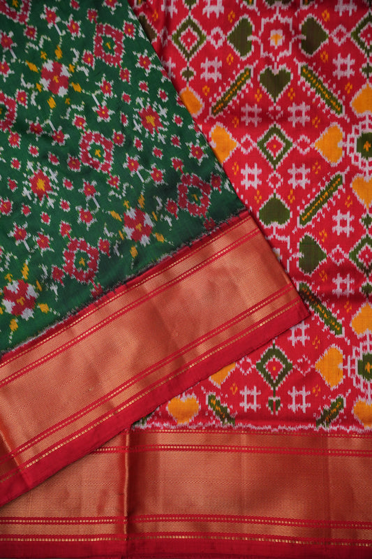 Pure Ikkat Soft Silk Saree - Emerald Green & Red
