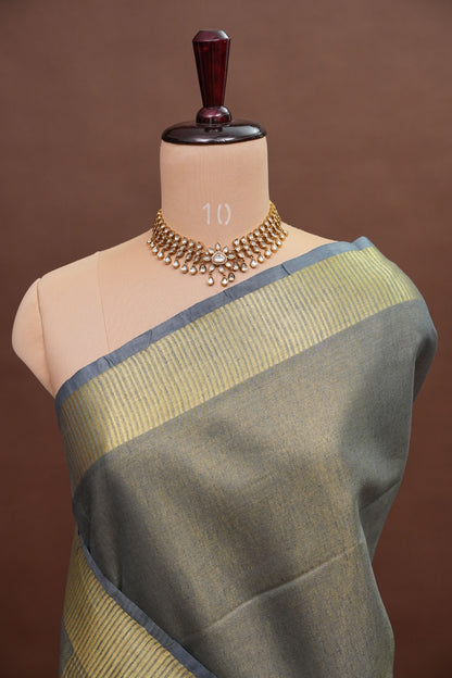 Tissue Linen Silk Saree – Steel Grey with Classic Gold Zari Border