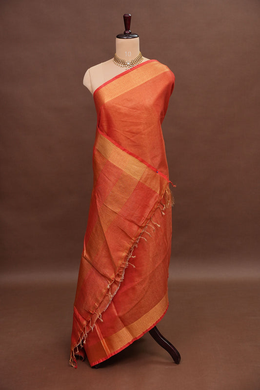 Tissue Linen Silk Saree –Orange with Classic Gold Zari Border
