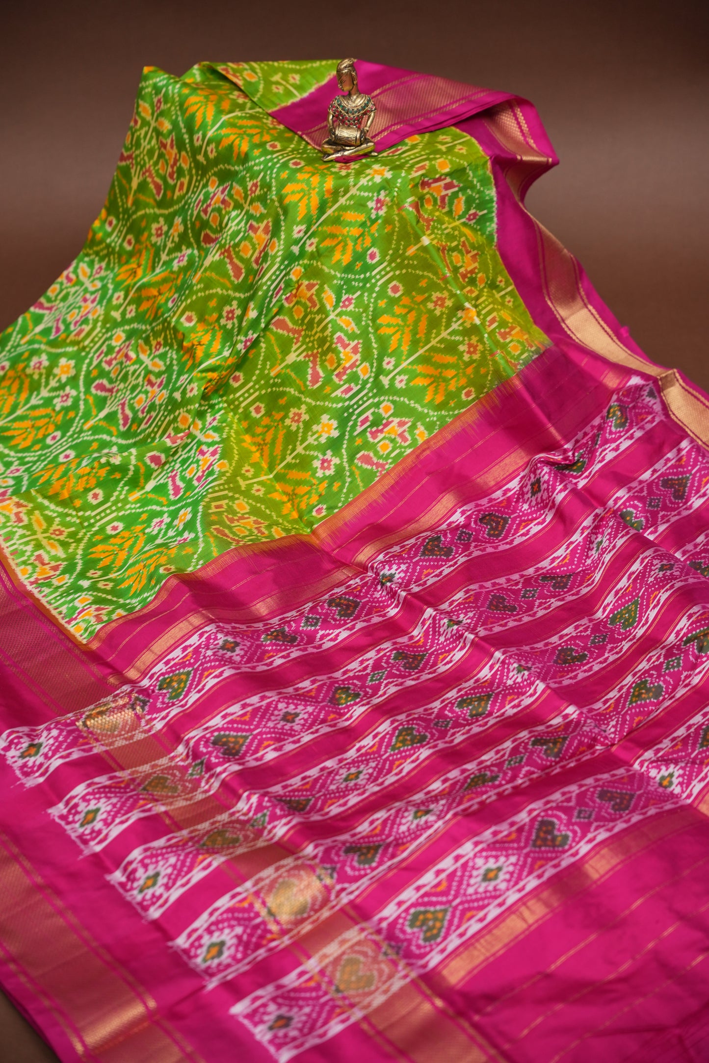 Pure Ikkat Soft Silk Saree - Parrot Green & Pink