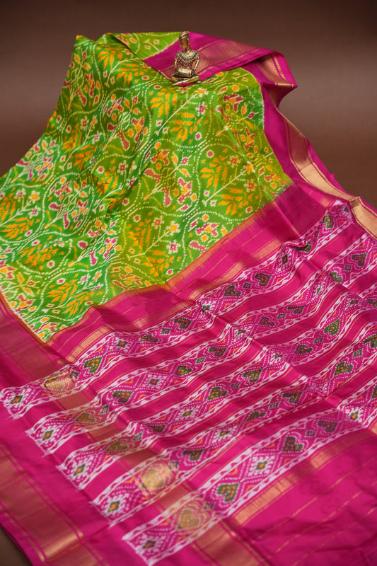 Pure Ikkat Soft Silk Saree - Parrot Green & Pink