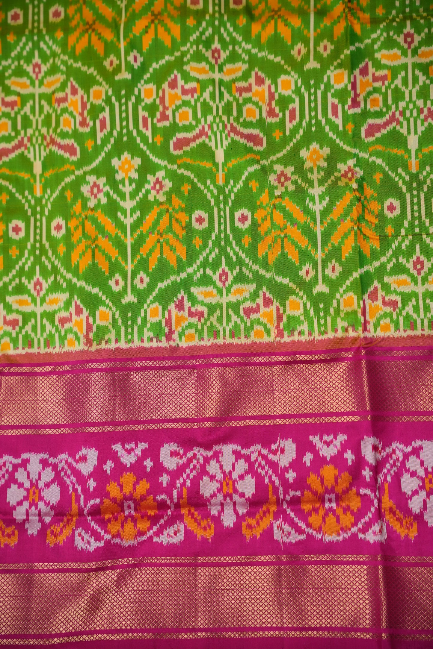 Pure Ikkat Soft Silk Saree - Parrot Green & Pink