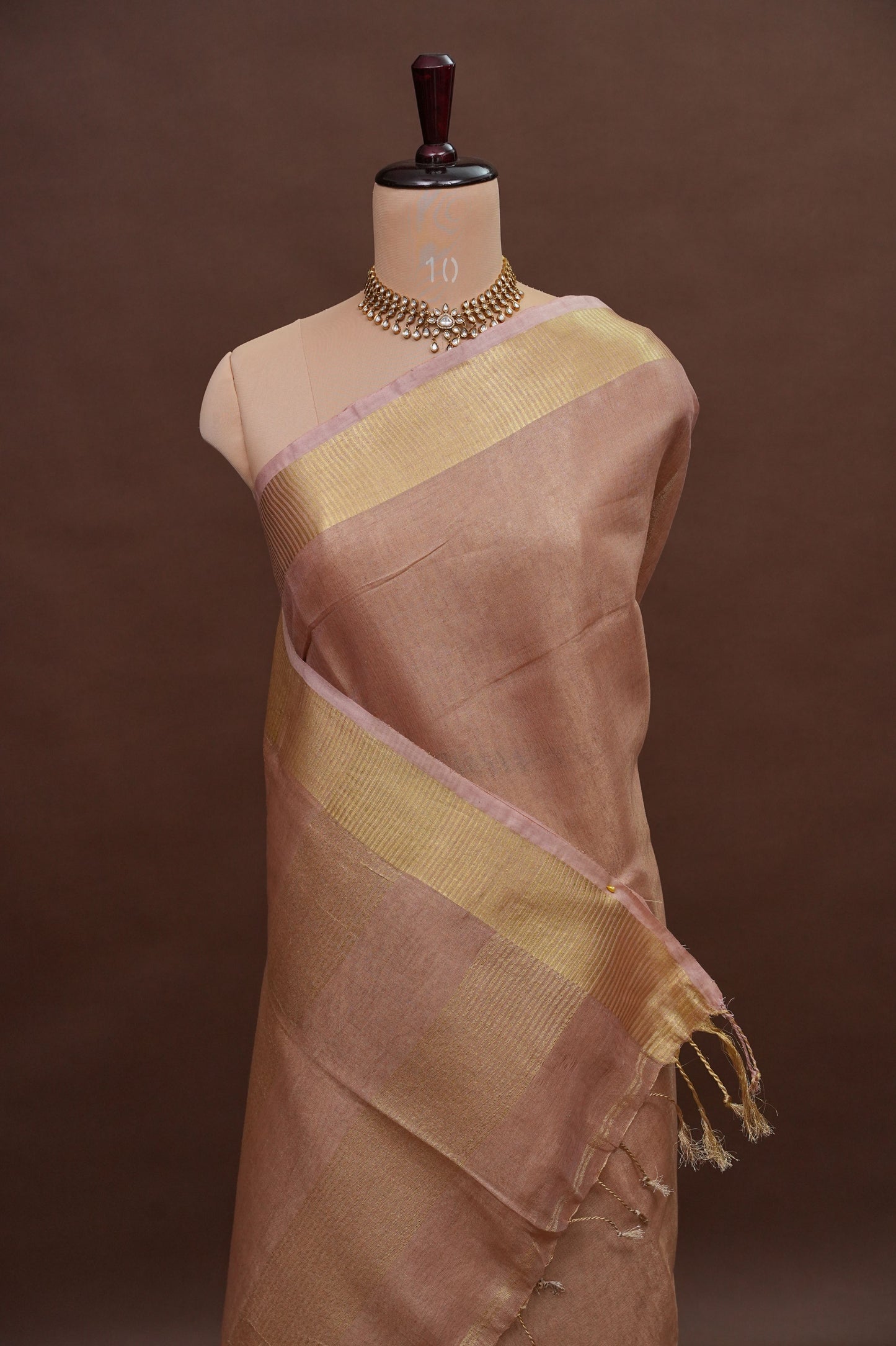 Tissue Linen Silk Saree – Soft Blush Beige with Classic Gold Zari Border