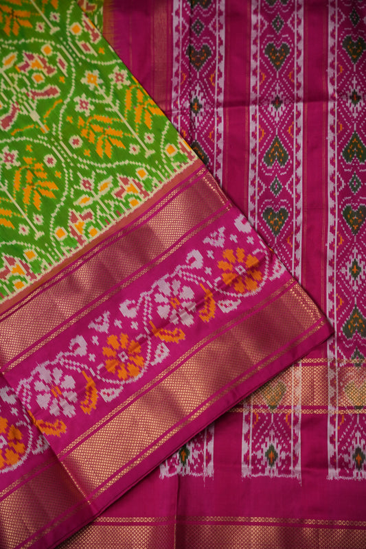 Pure Ikkat Soft Silk Saree - Parrot Green & Pink