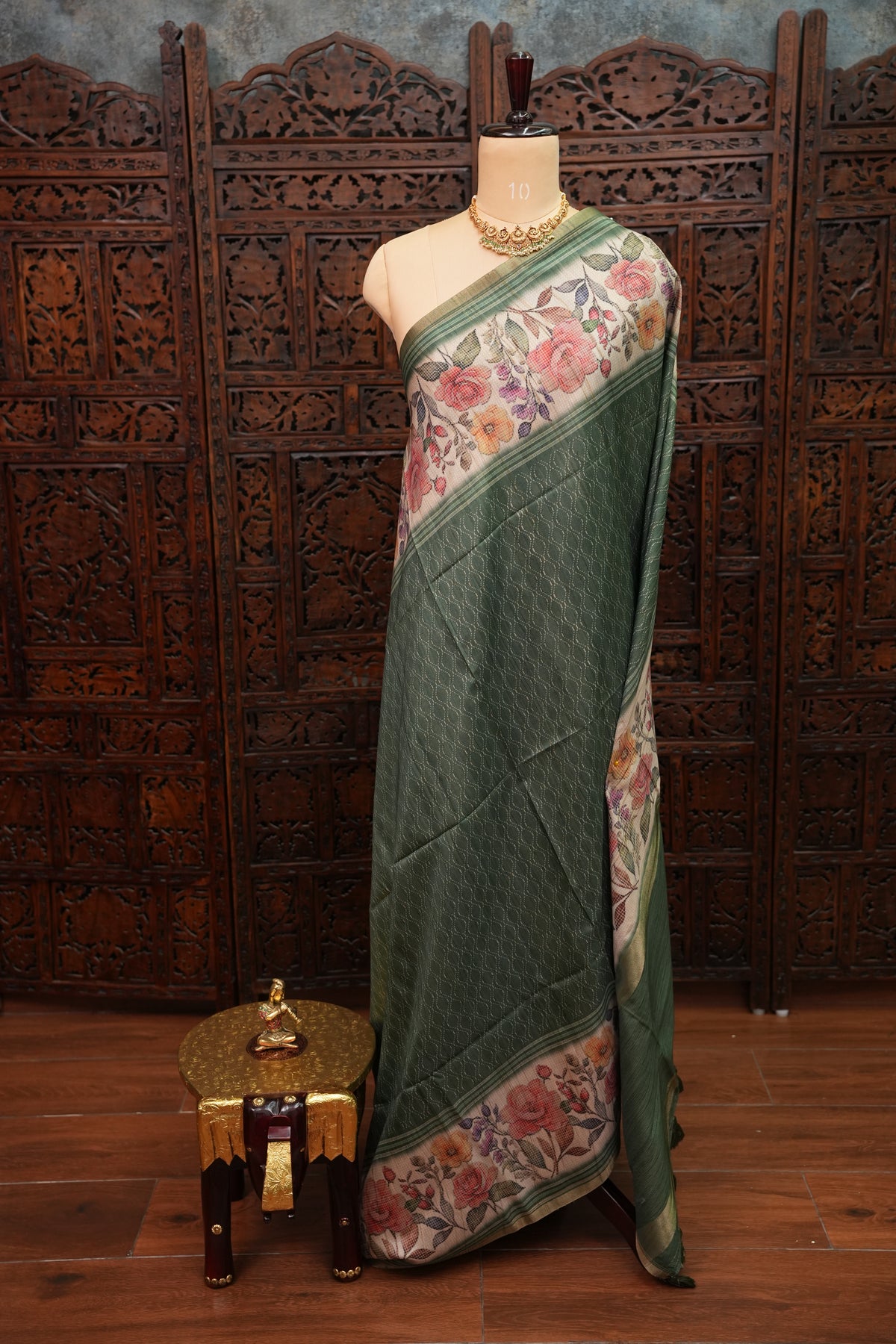 Semi Tussar Saree with Floral Printed Pallu & Striped Blouse – Sage Green