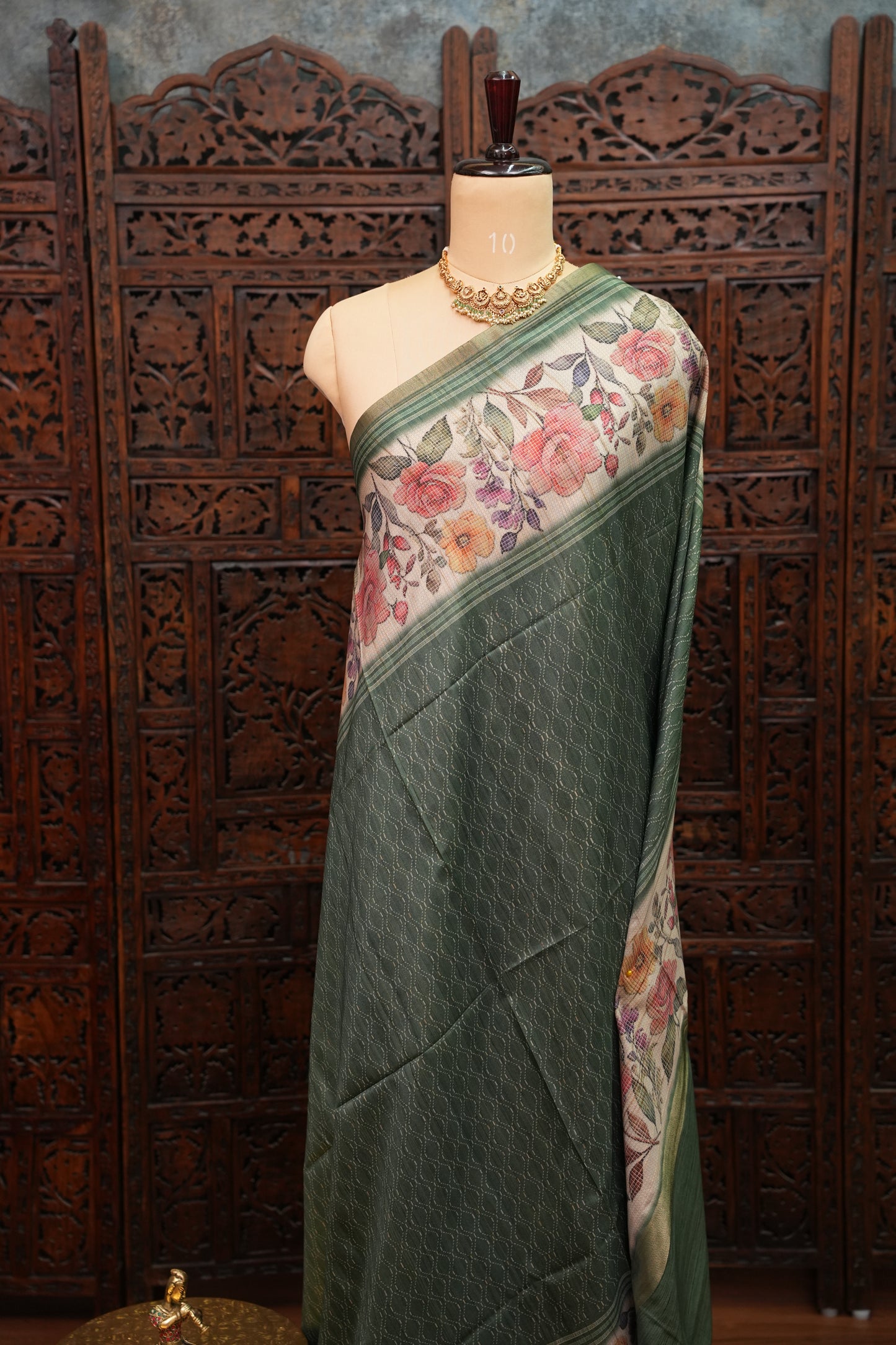 Semi Tussar Saree with Floral Printed Pallu & Striped Blouse – Sage Green