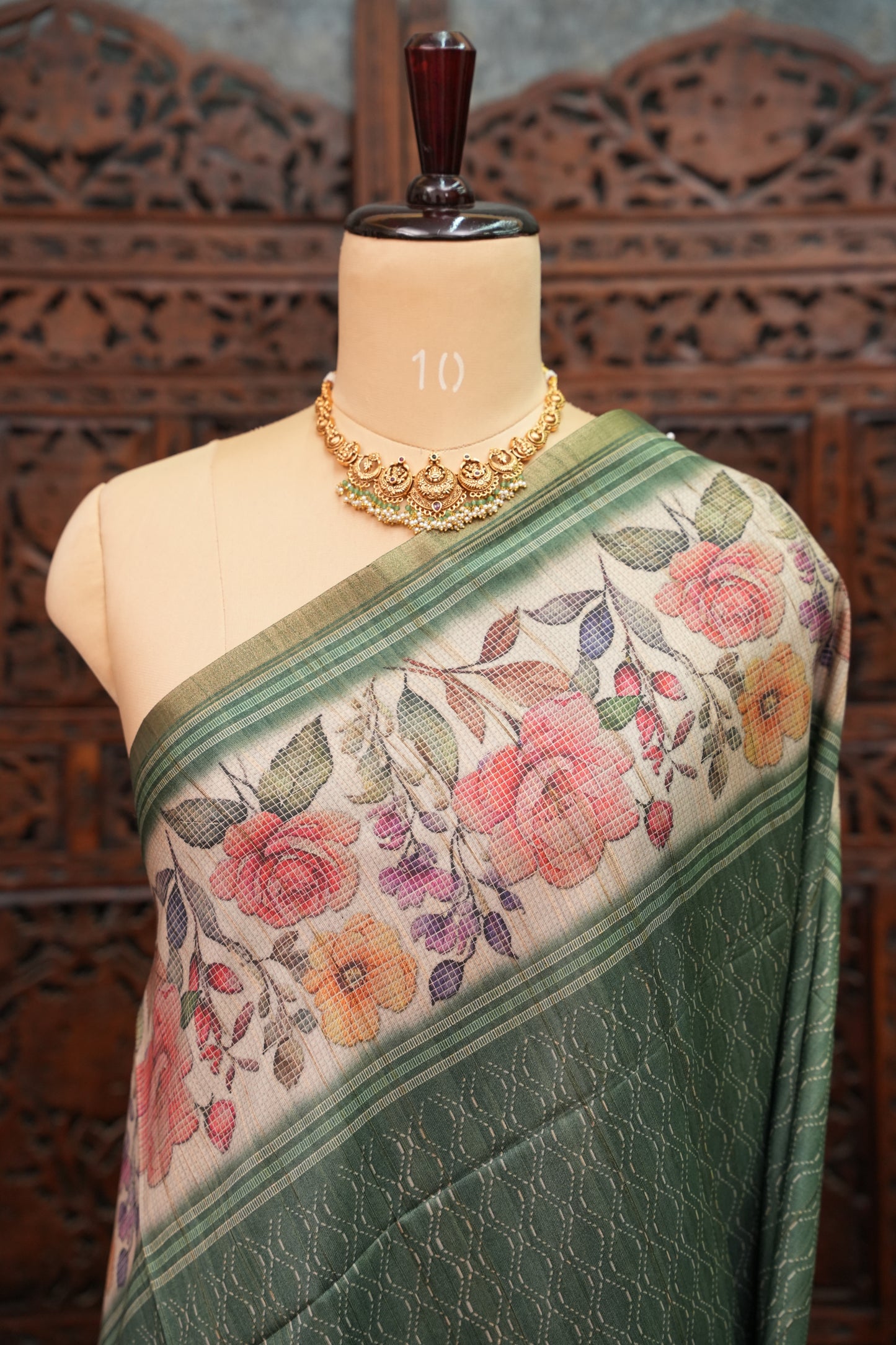 Semi Tussar Saree with Floral Printed Pallu & Striped Blouse – Sage Green