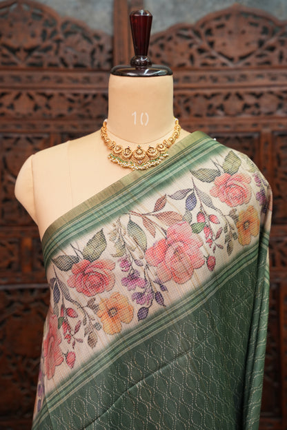 Semi Tussar Saree with Floral Printed Pallu & Striped Blouse – Sage Green