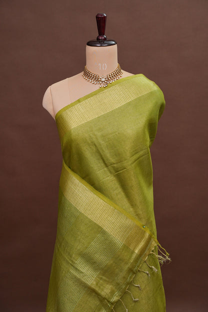 Tissue Linen Silk Saree – Olive Green with Subtle Zari Border