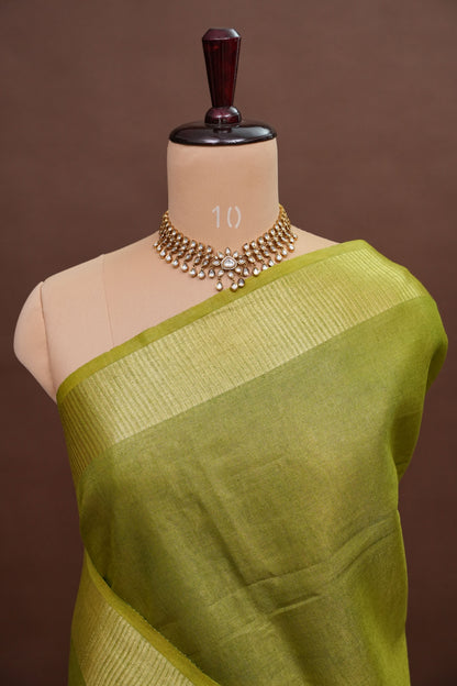 Tissue Linen Silk Saree – Olive Green with Subtle Zari Border
