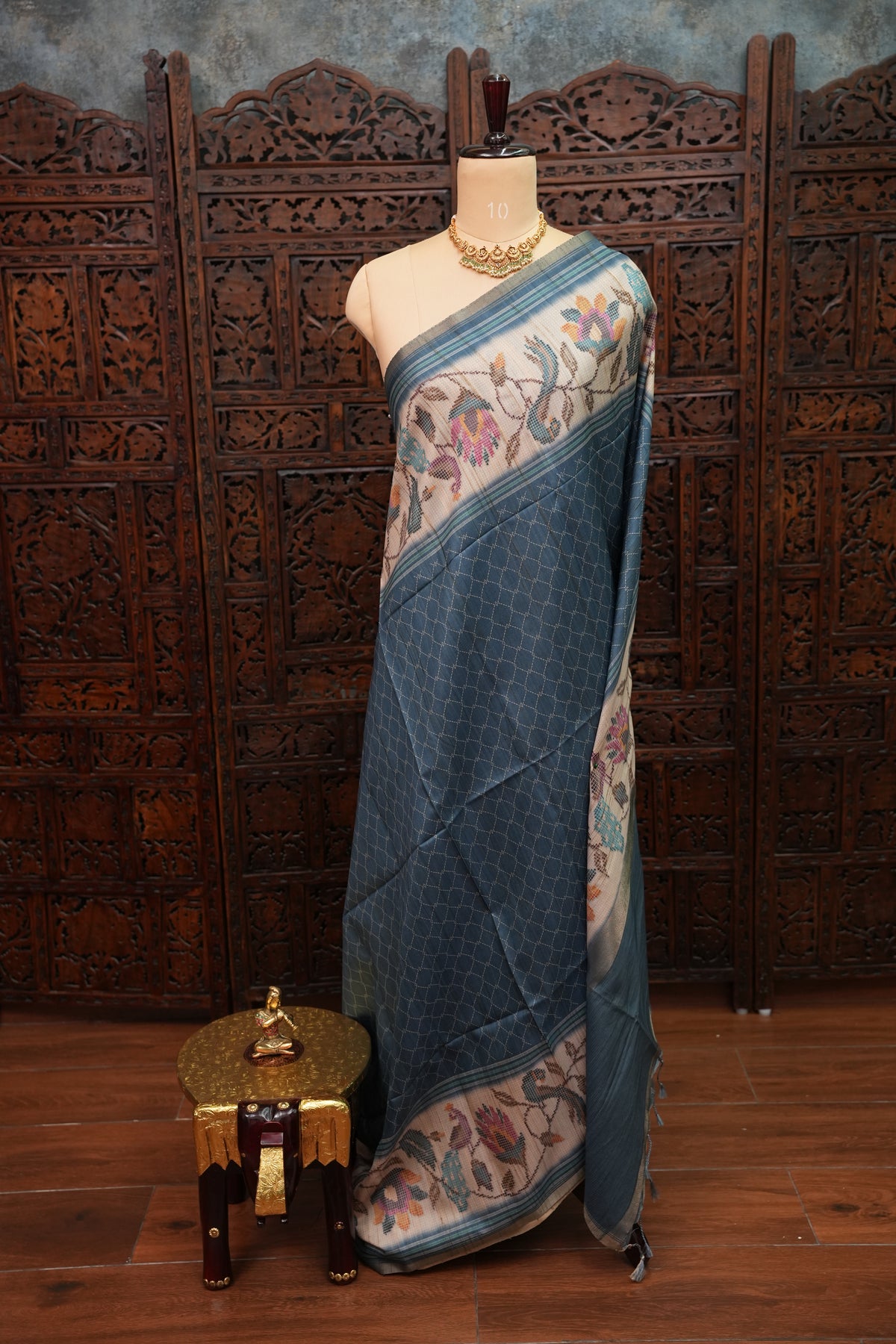 Semi Tussar Saree with Floral Printed Pallu & Striped Blouse – Steel Blue
