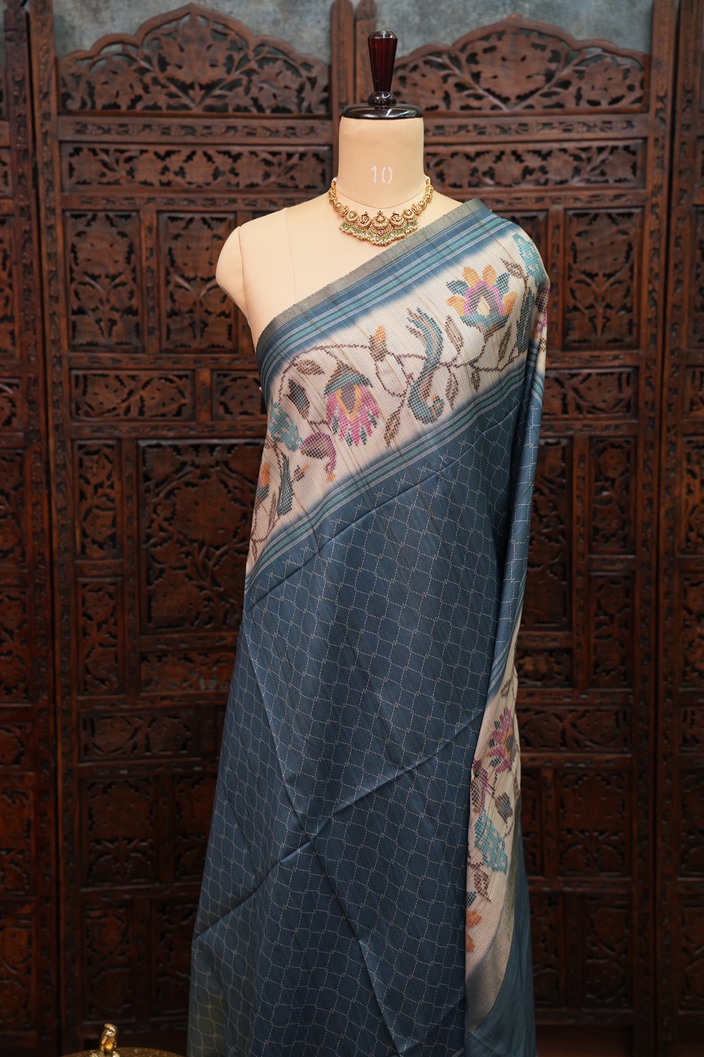 Semi Tussar Saree with Floral Printed Pallu & Striped Blouse – Steel Blue