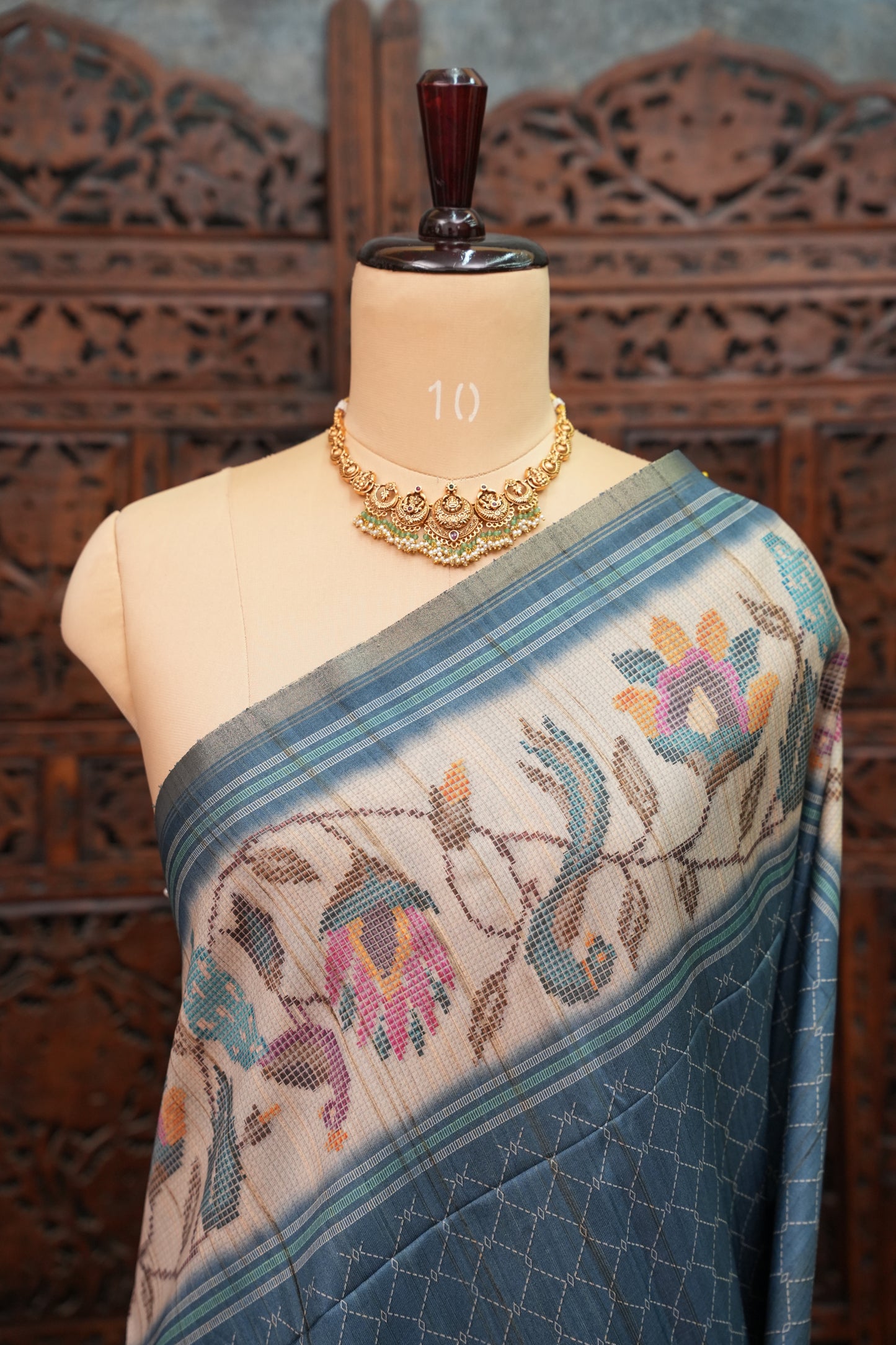 Semi Tussar Saree with Floral Printed Pallu & Striped Blouse – Steel Blue