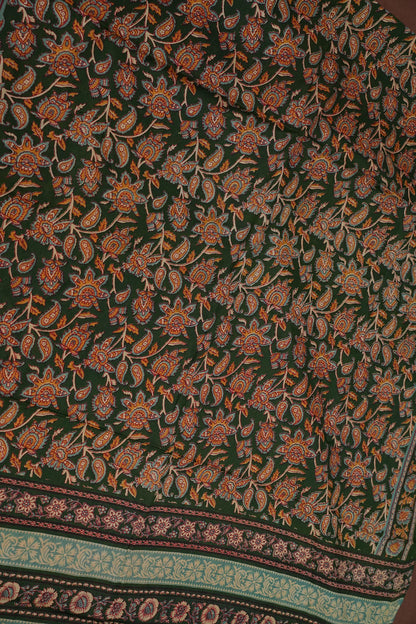 Kalamkari Cotton Saree – Deep Forest Green with Traditional Floral & Border Prints