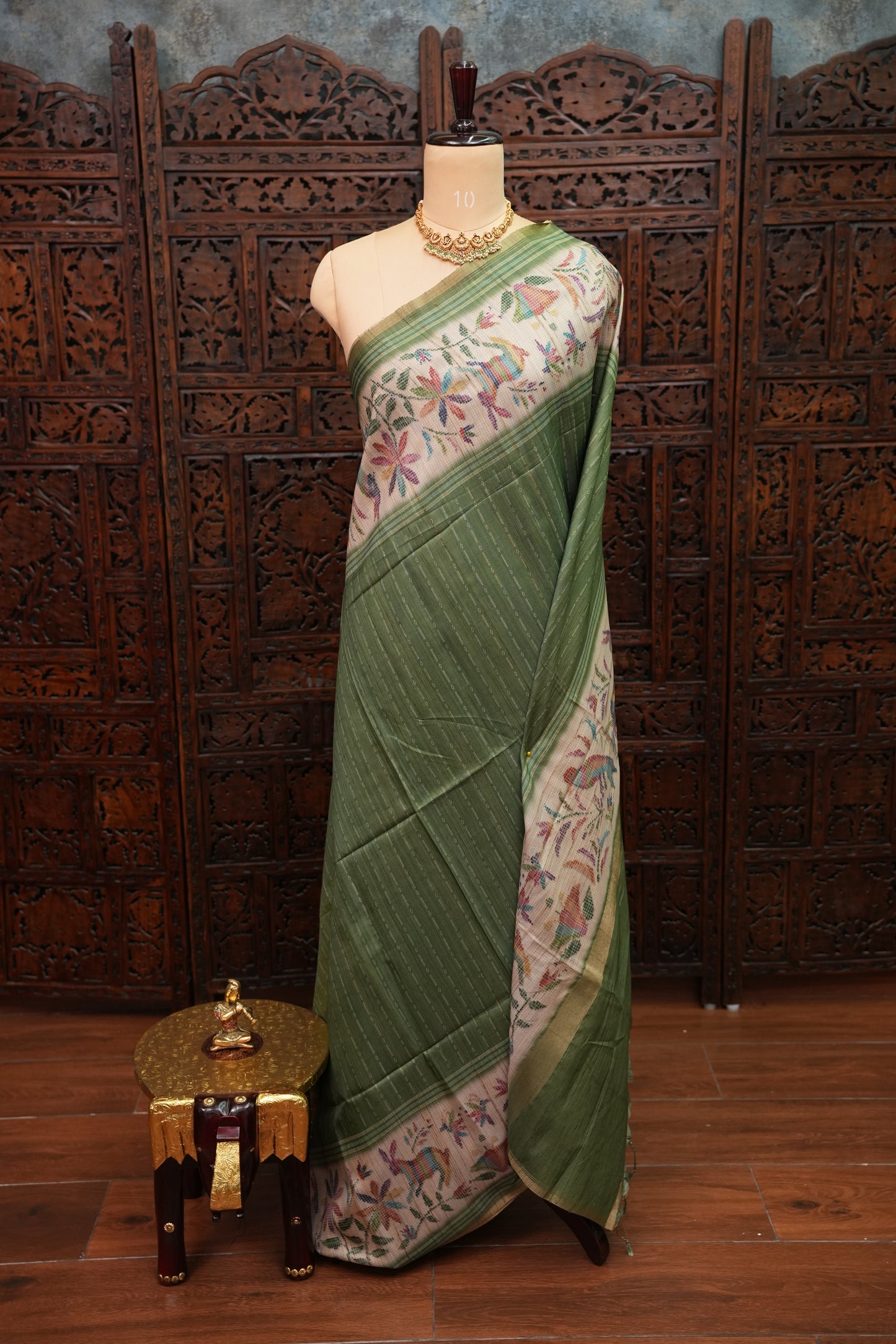 Semi Tussar Saree with Kalamkari Printed Pallu & Striped Blouse – Sage Green