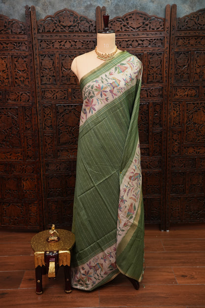 Semi Tussar Saree with Kalamkari Printed Pallu & Striped Blouse – Sage Green