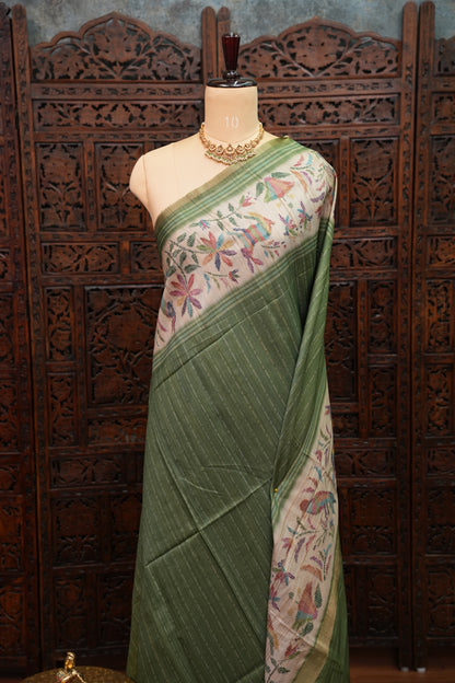 Semi Tussar Saree with Kalamkari Printed Pallu & Striped Blouse – Sage Green