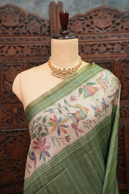 Semi Tussar Saree with Kalamkari Printed Pallu & Striped Blouse – Sage Green