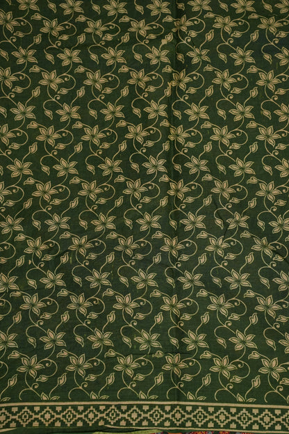 Kalamkari Cotton Saree – Deep Forest Green with Traditional Floral & Border Prints