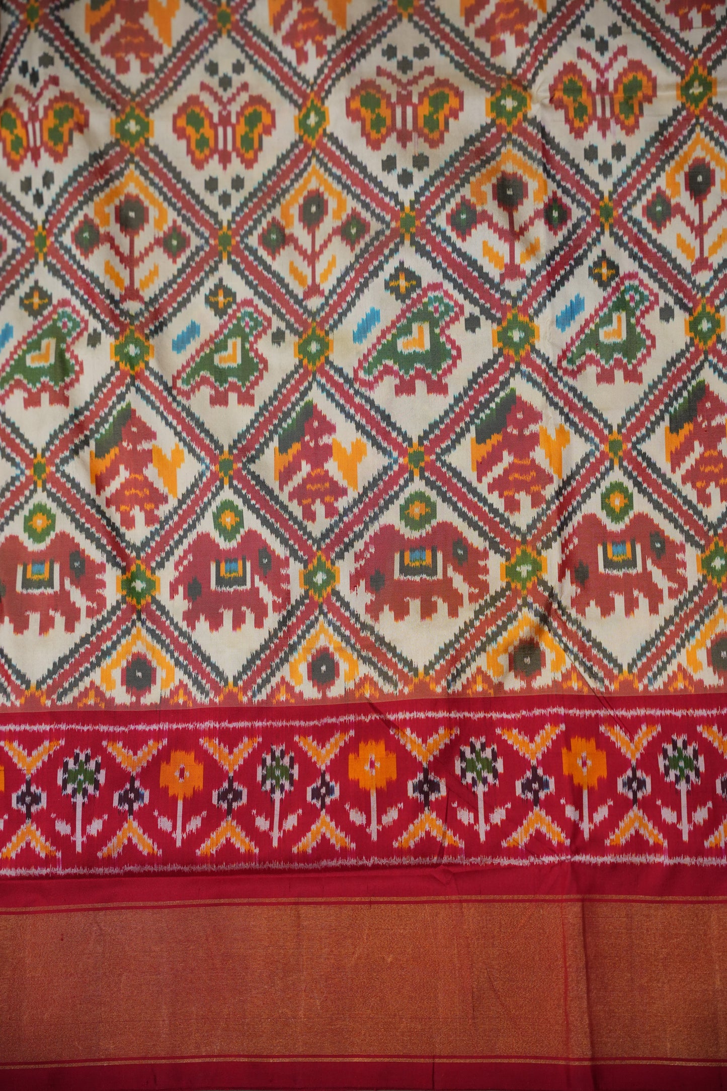 Pure Ikkat Soft Silk Saree - Ivory & Red