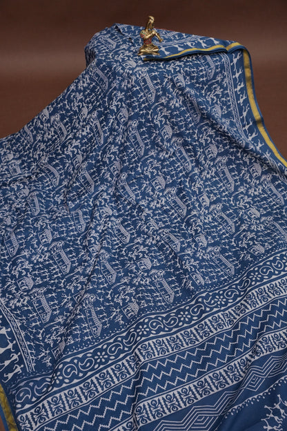 Warli Print Cotton Saree – Indigo Blue with Traditional Tribal Art Motifs