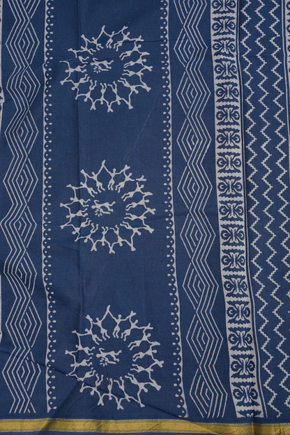 Warli Print Cotton Saree – Indigo Blue with Traditional Tribal Art Motifs
