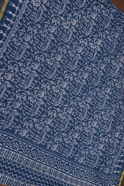 Warli Print Cotton Saree – Indigo Blue with Traditional Tribal Art Motifs
