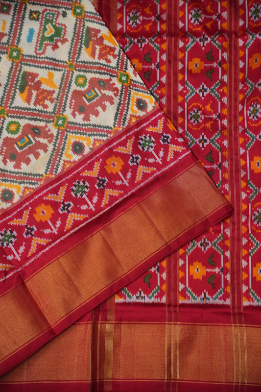 Pure Ikkat Soft Silk Saree - Ivory & Red