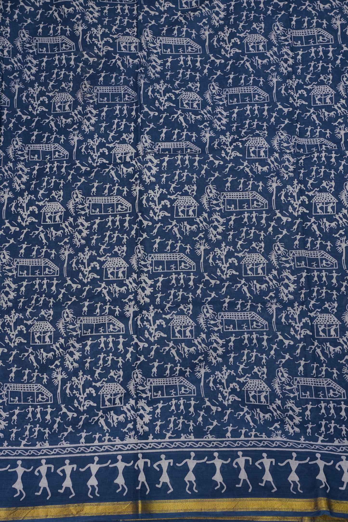 Warli Print Cotton Saree – Indigo Blue with Traditional Tribal Art Motifs