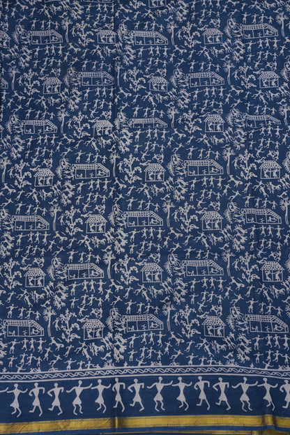 Warli Print Cotton Saree – Indigo Blue with Traditional Tribal Art Motifs