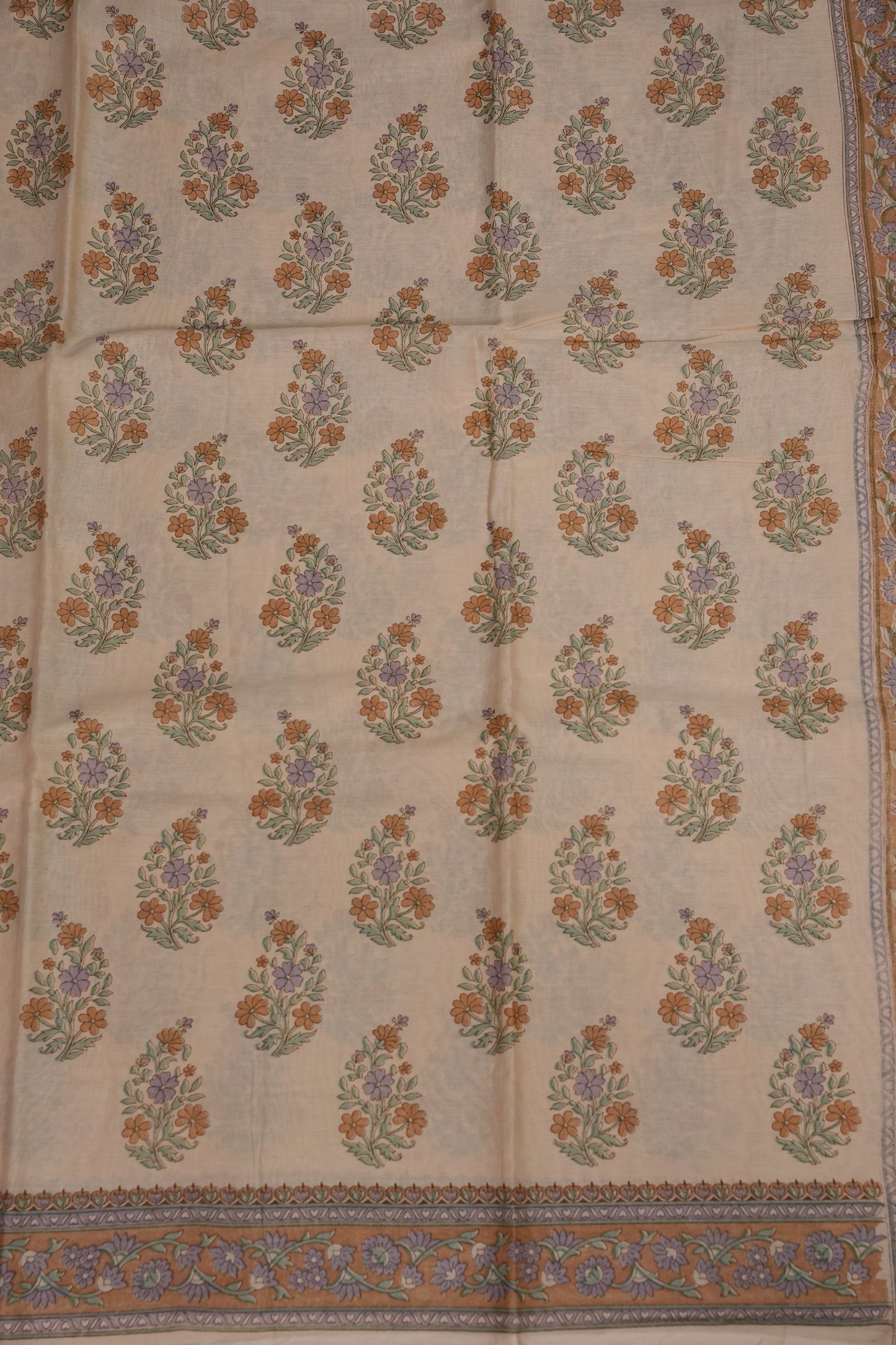 Elegant Pastel Floral cotton Saree – Soft Ivory with Multicolor Woven Buttas