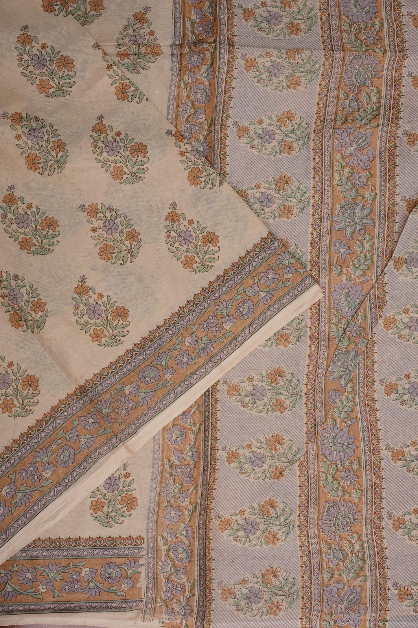 Elegant Pastel Floral cotton Saree – Soft Ivory with Multicolor Woven Buttas