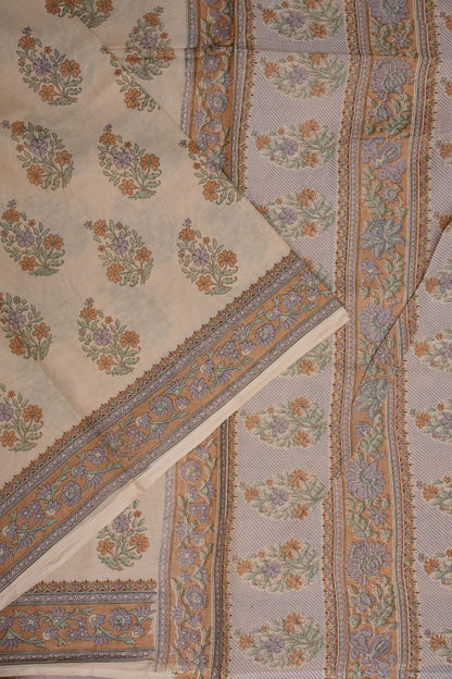 Elegant Pastel Floral cotton Saree – Soft Ivory with Multicolor Woven Buttas