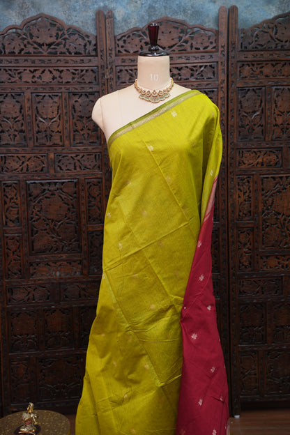 Maheshwari Silk Cotton Saree | Green and Deep red