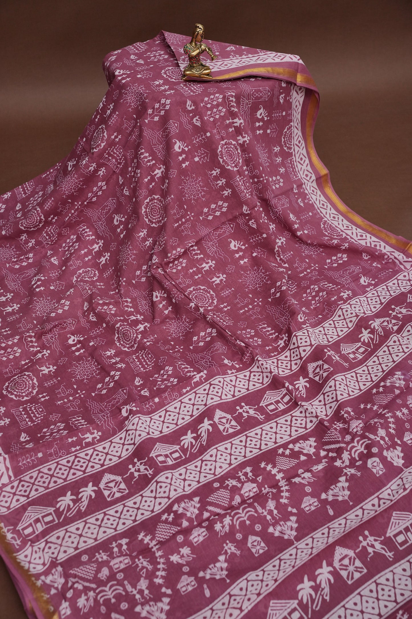 Rustic Charm Handloom cotton Saree – Dusty Rose with Tribal-Inspired Motifs